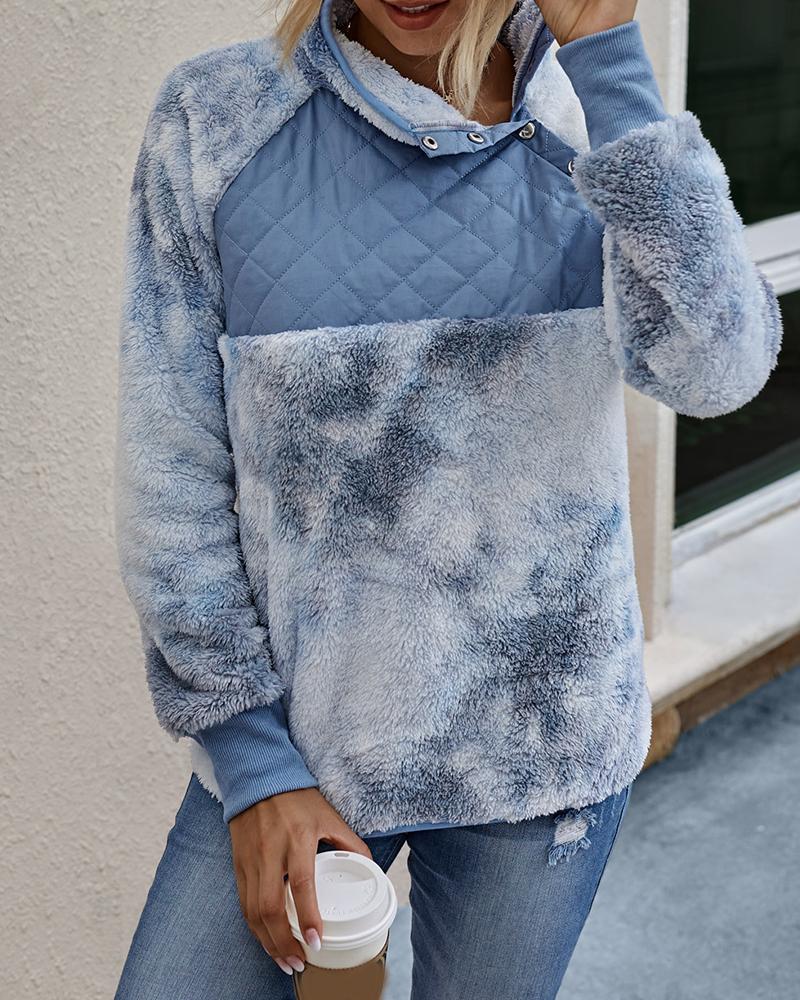 

Fluffy Button Design Tie Dye Print Sweatshirt, Light blue