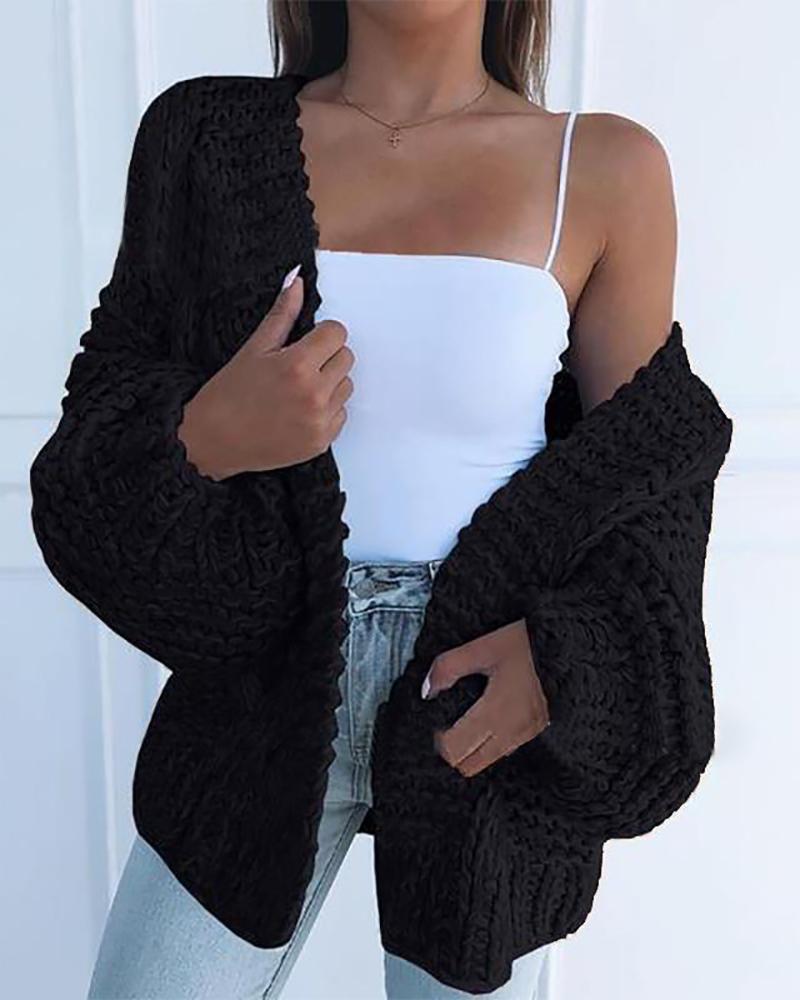 

Lantern Sleeve Solid Knitted Cardigan, Black