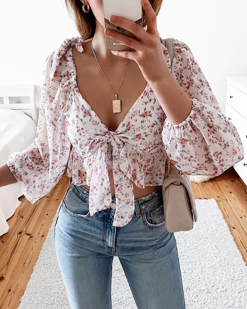 

Knotted Lantern Sleeve Bow Decor Floral Print Crop Top, White