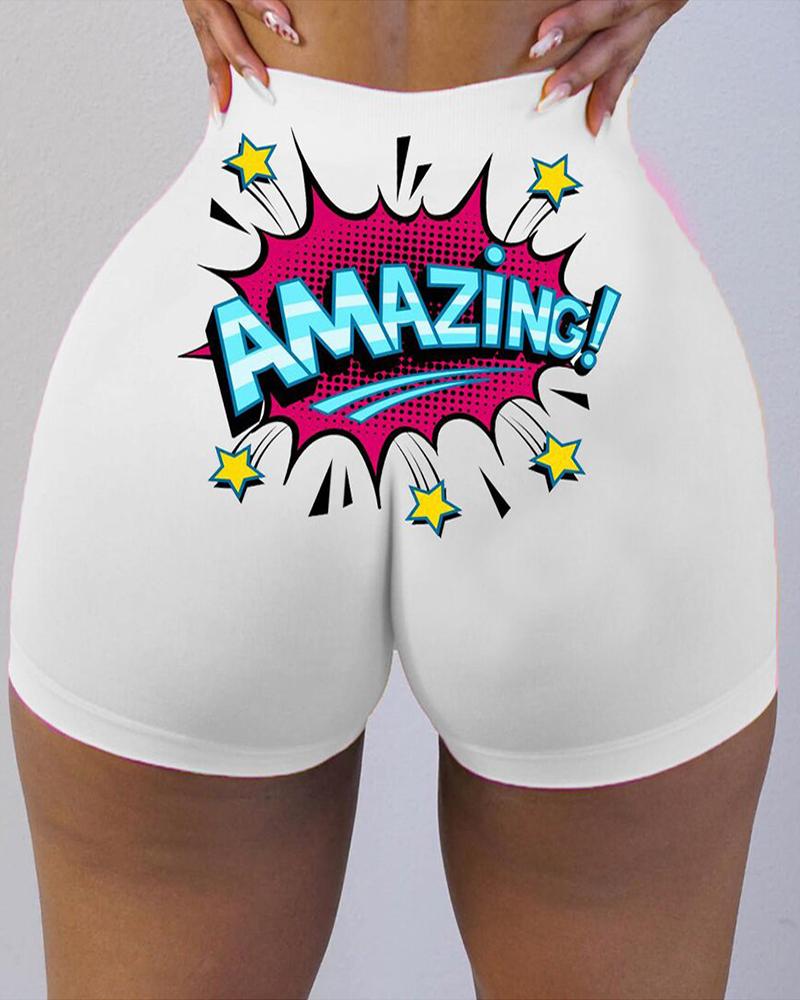 

Letter Print High Waist Casual Shorts, White
