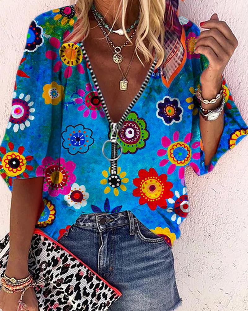 

Retro Flower print Short Sleeve Loose T-shirts, Blue
