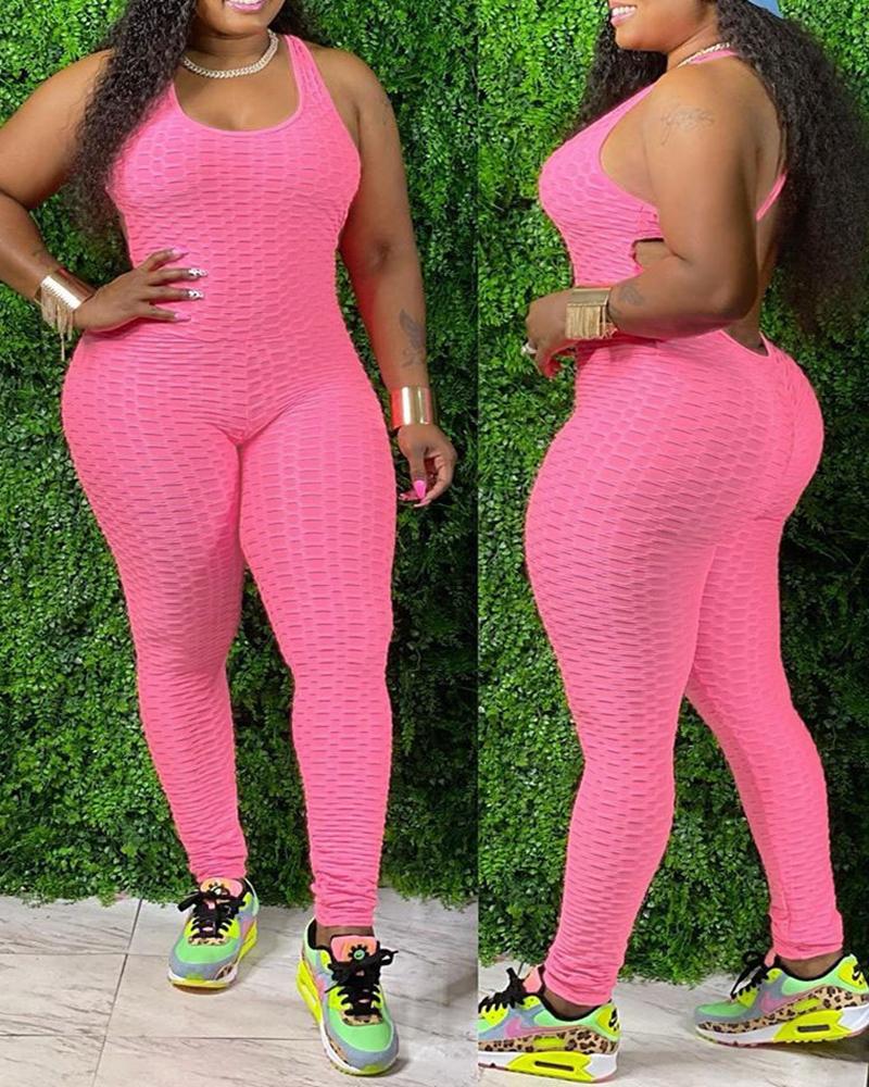 

Plus Size Crisscross Backless Textued Butt Lifting Yoga Jumpsuit, Pink