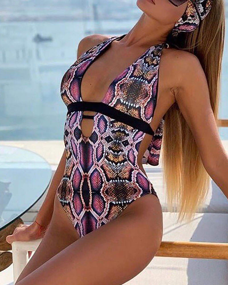 

Snakeskin Print Halter Plunge One Piece Swimsuit, Purple