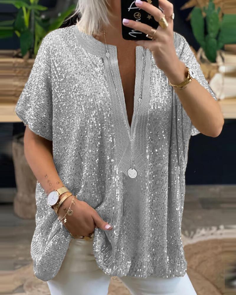 

Sequins Plunge Short Sleeve Top, Silver