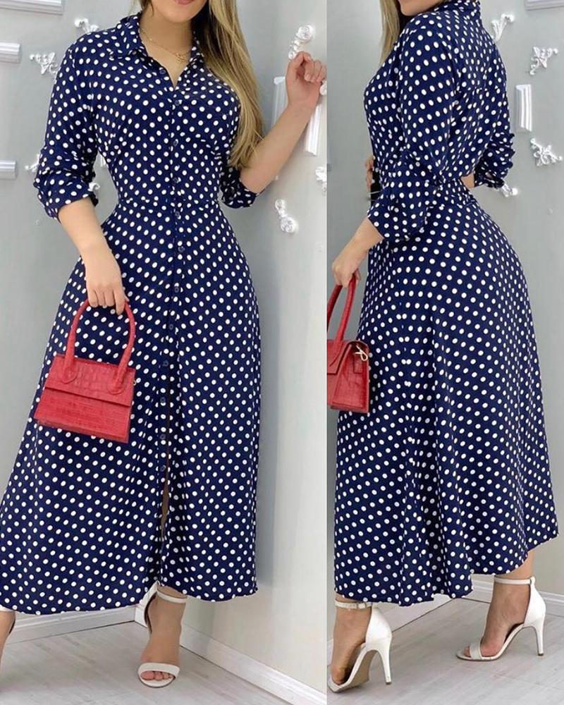 

Polkadot Print Long Sleeve Shirt Maxi Dress, Purplish blue