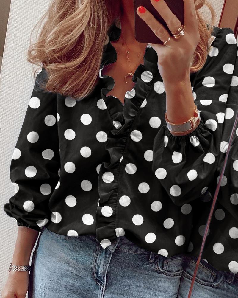 

Long Sleeve Dot Ruffles Casual Blouse, Black