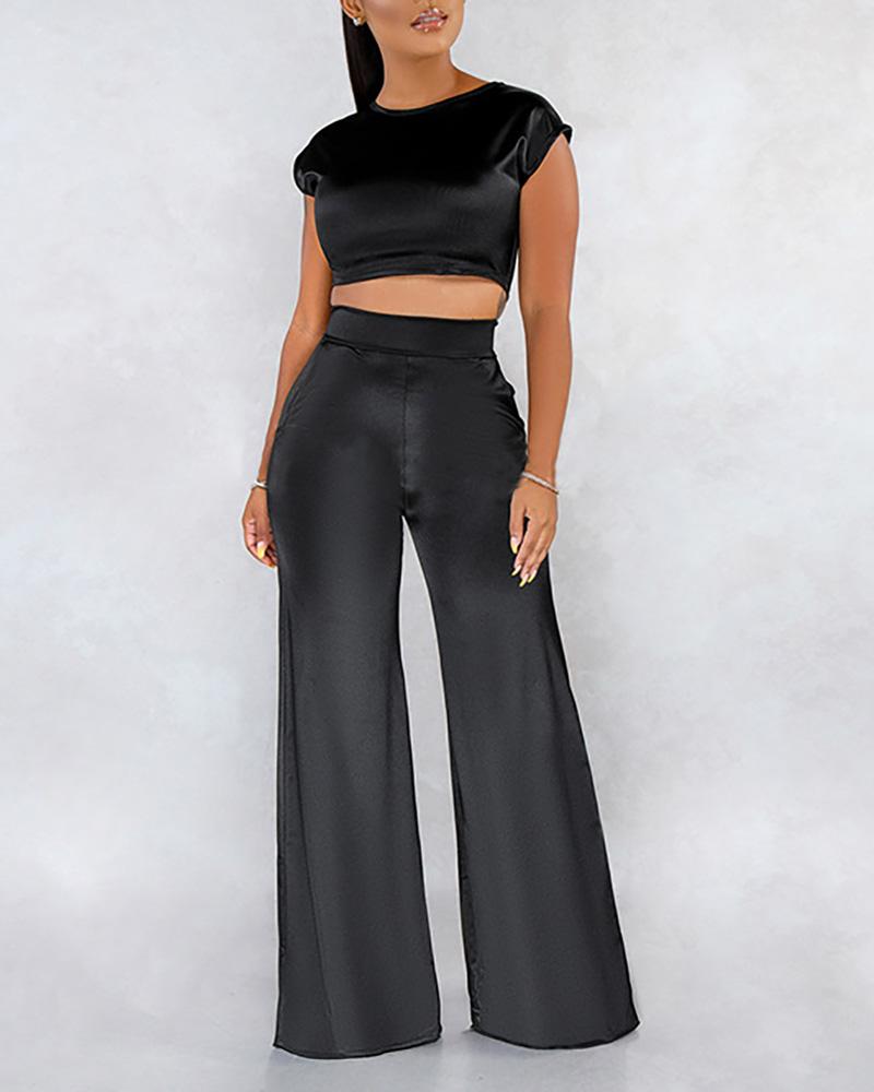 

Solid Crop Top & Wide Leg Pants Sets, Black