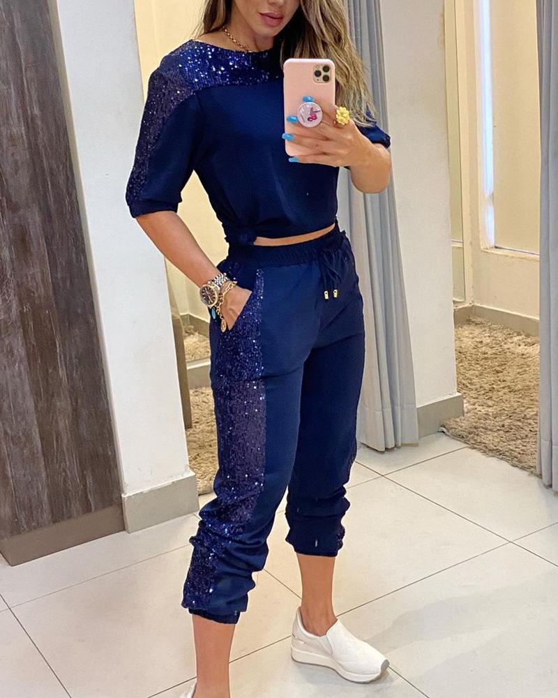 

Glitter Long Sleeve T-shirts With Pants Suit Sets, Purplish blue