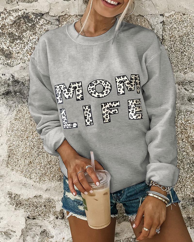 

Letter / Lip / Cheetah Print Long Sleeve Casual Sweatshirt, Gray