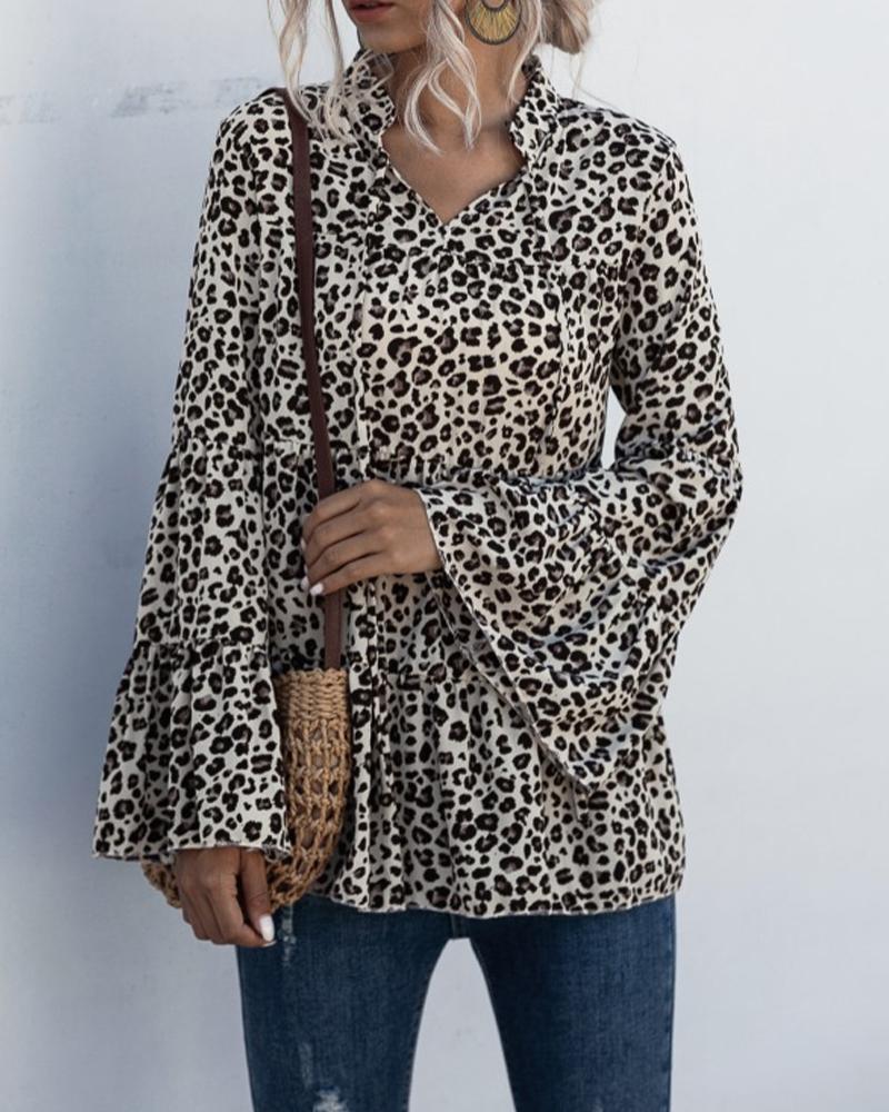 

Leopard Bell Sleeve Loose Ruffles Women Blouse, Apricot