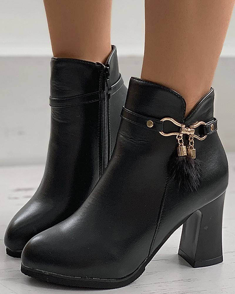 

Buckle Pom Pom Zip Chunky Boots, Black