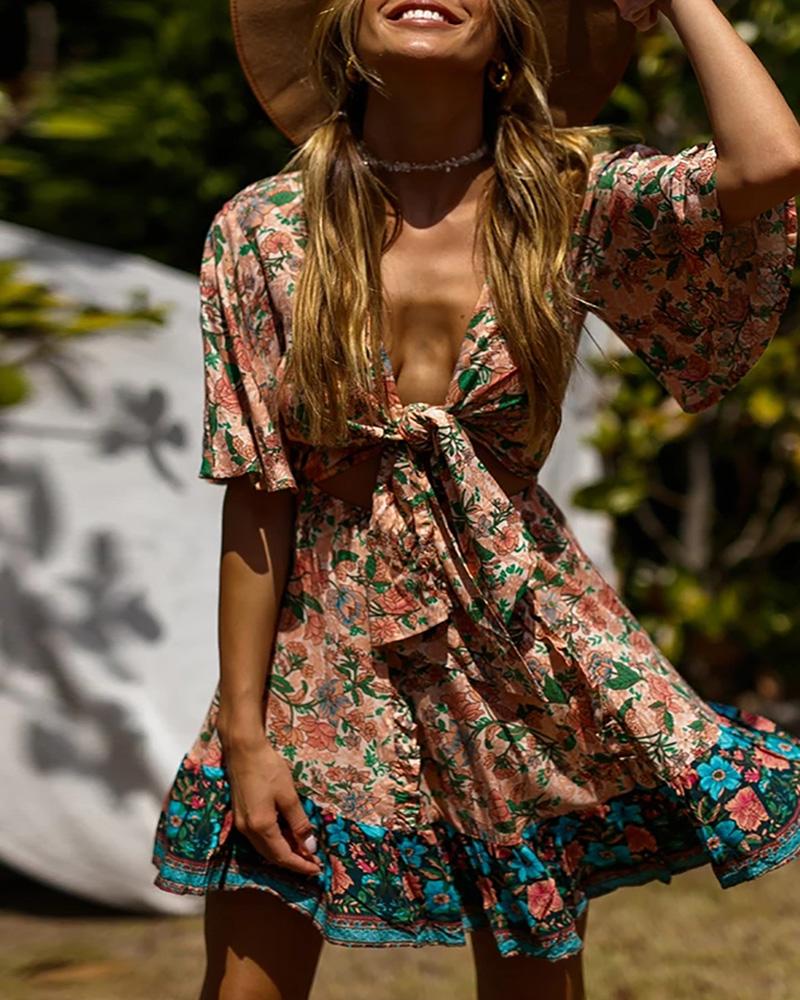 

Floral Print Tied Front Short Sleeve Dress, Yellow