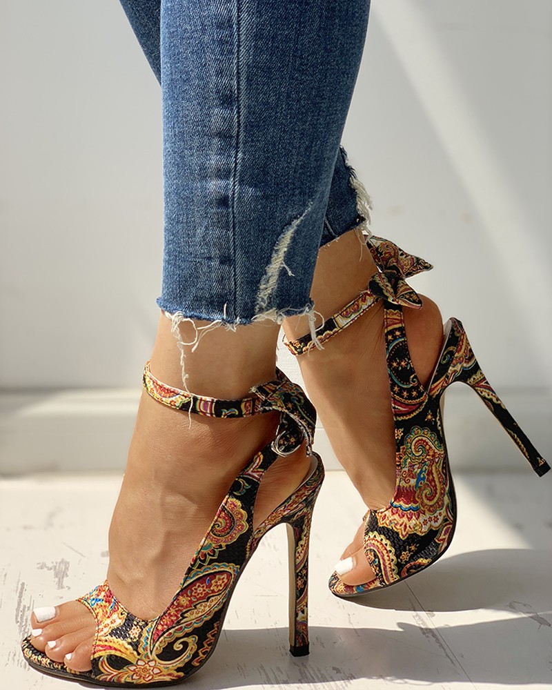 Ethnic Print Ankle Strap Slingback Thin Heeled Sandals