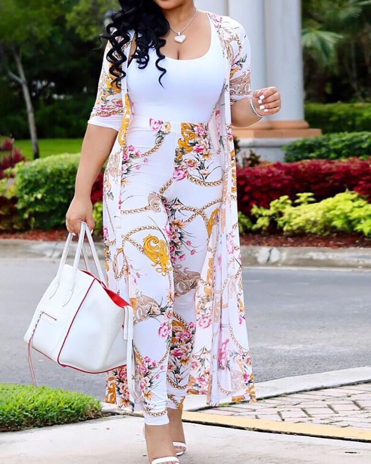 

Floral Print Cardigan With High Waist Pants Set, White