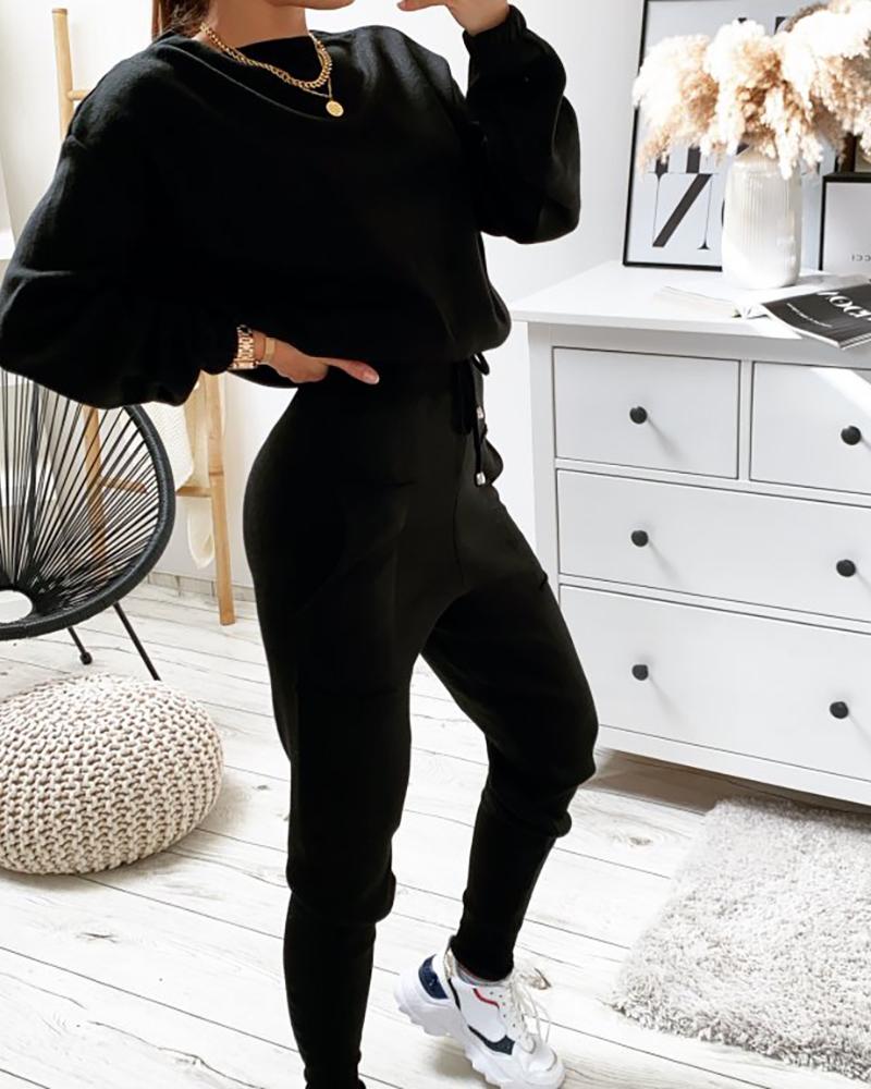

Plain Long Sleeve Top & Drawstring Pants Set, Black