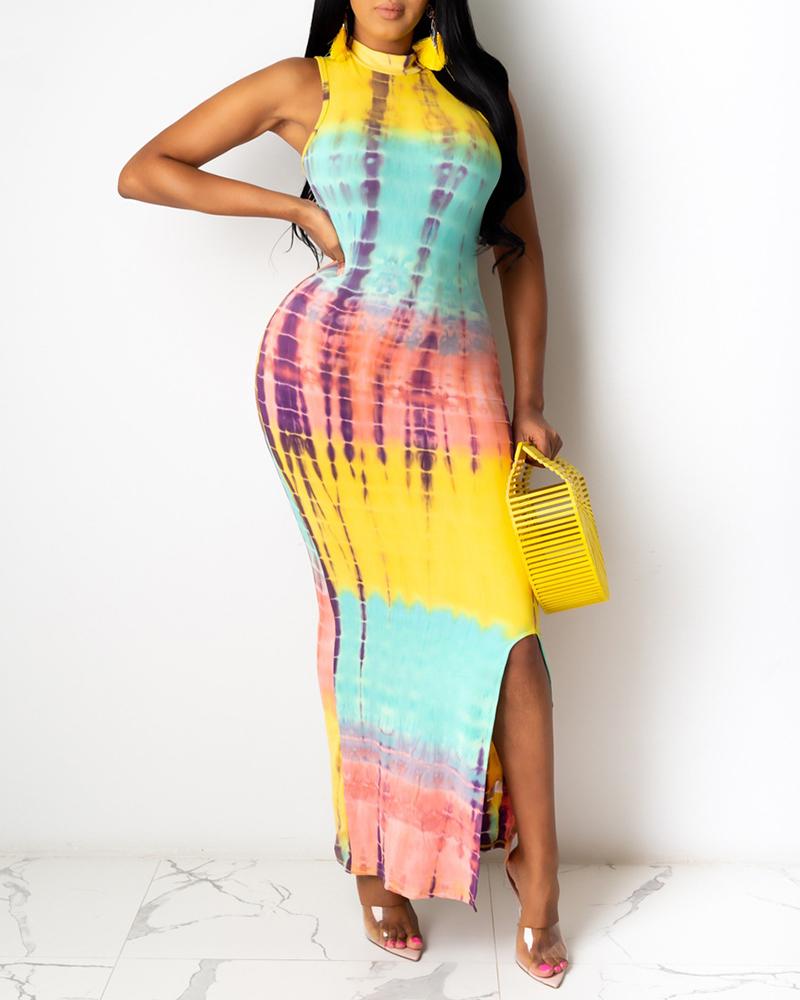

Tie Dye Print Slit Sleeveless Maxi Dress, Light blue