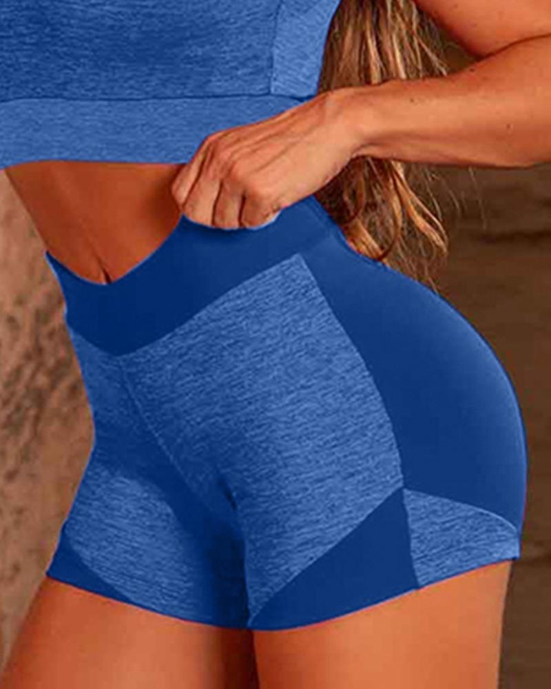

Colorblock Skinny High Elastic High Waist Shorts, Blue