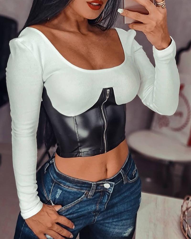

PU Zipper Design Long Sleeve Skinny Top, Black