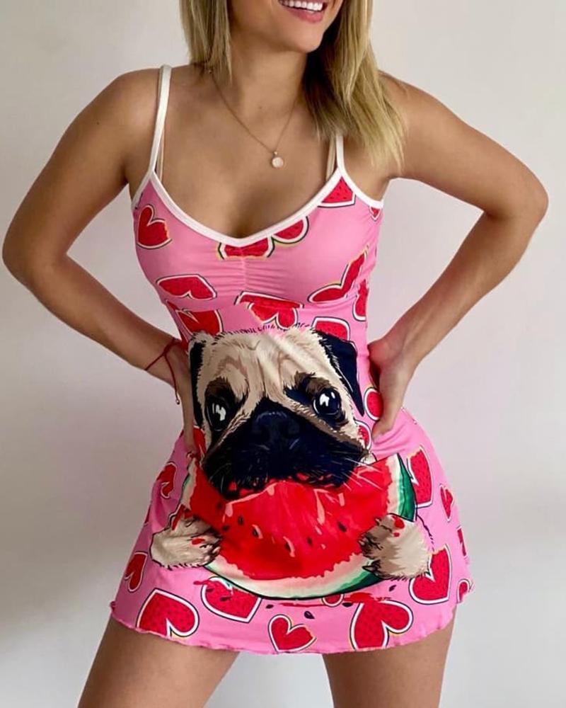 

Dog Heart Print Spaghetti Strap Nightgown, Pink