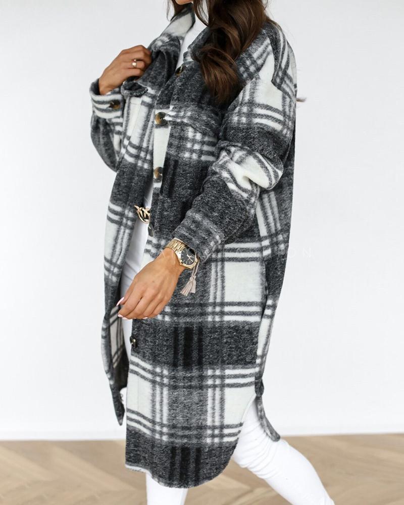 

Plaid Print Pocket Design Long Sleeve Coat, Gray