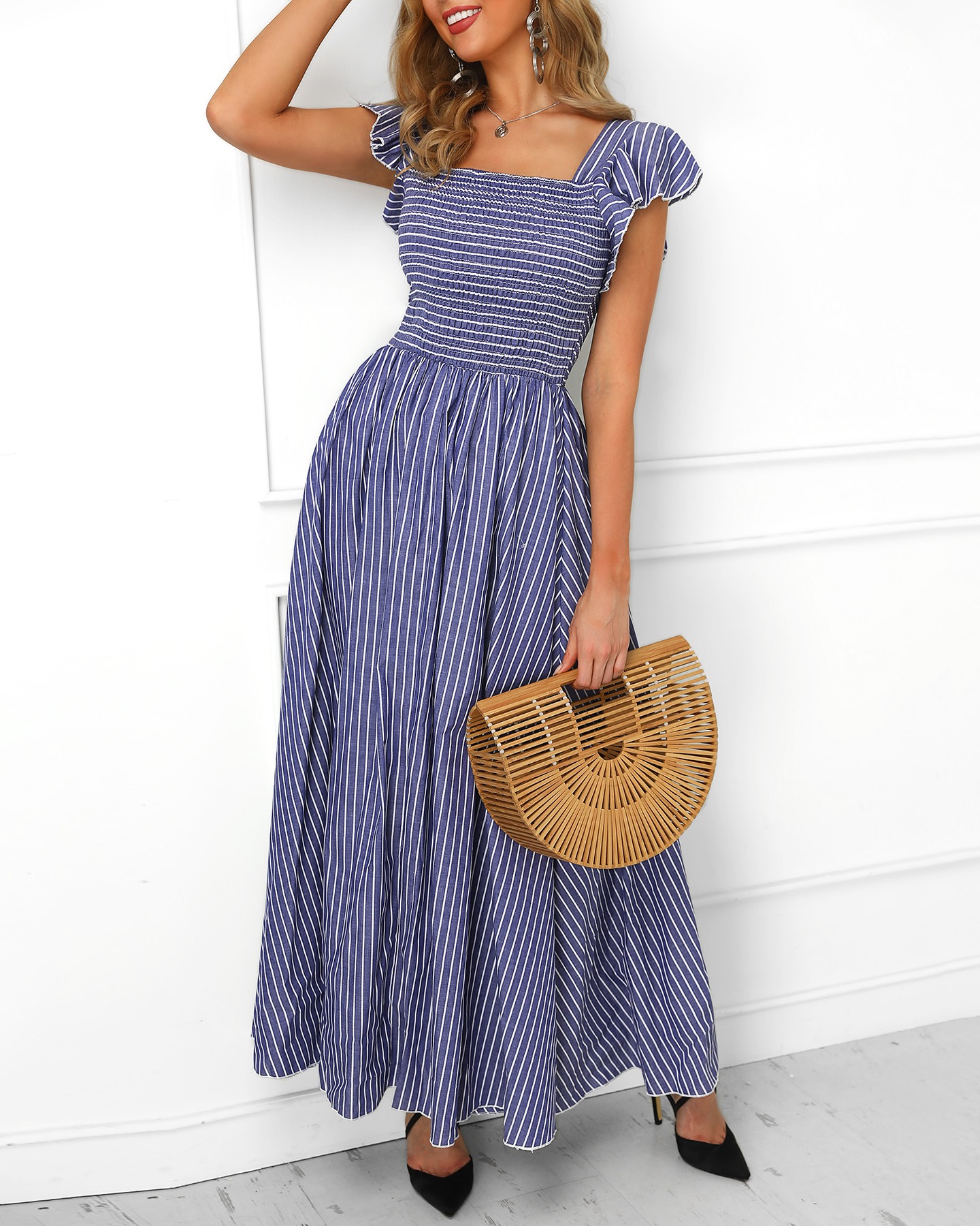 striped wrap hollow out maxi dress