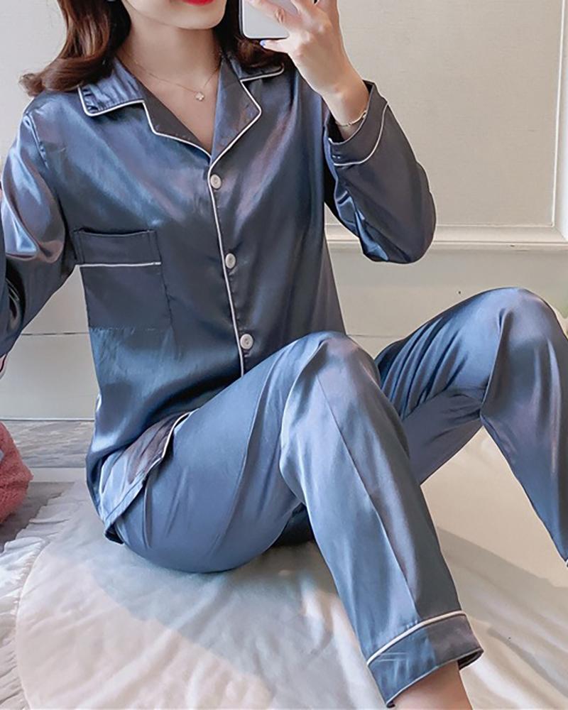 

Contrast Binding Button Front Satin Pajama Set, Blue