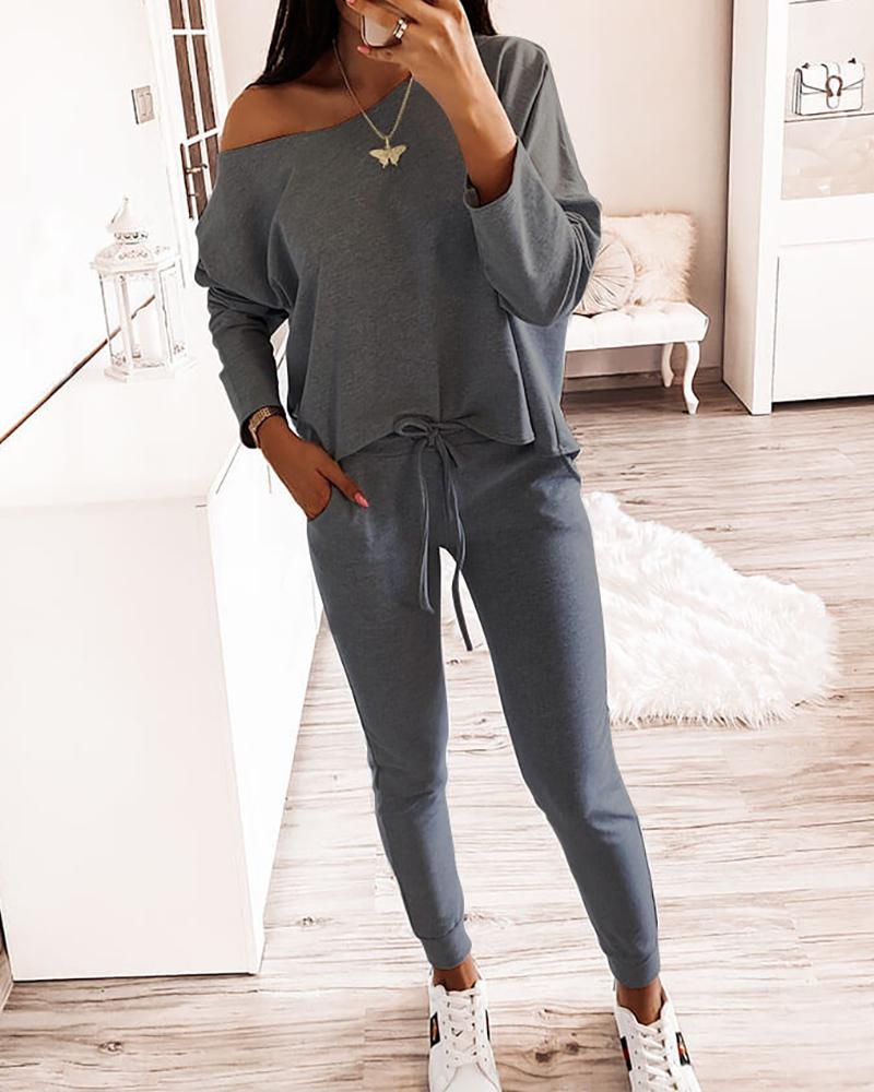 

One Shoulder Top & Drawstring Pants Set, Dark grey