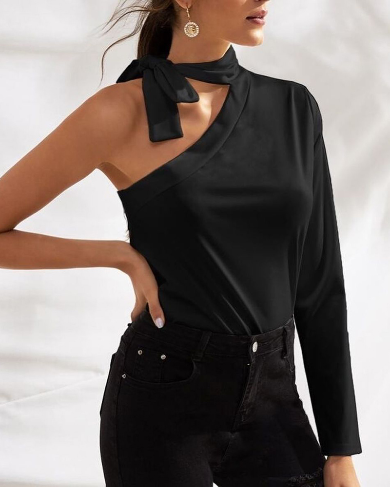 

Plain One Shoulder Tie Detail Top, Black
