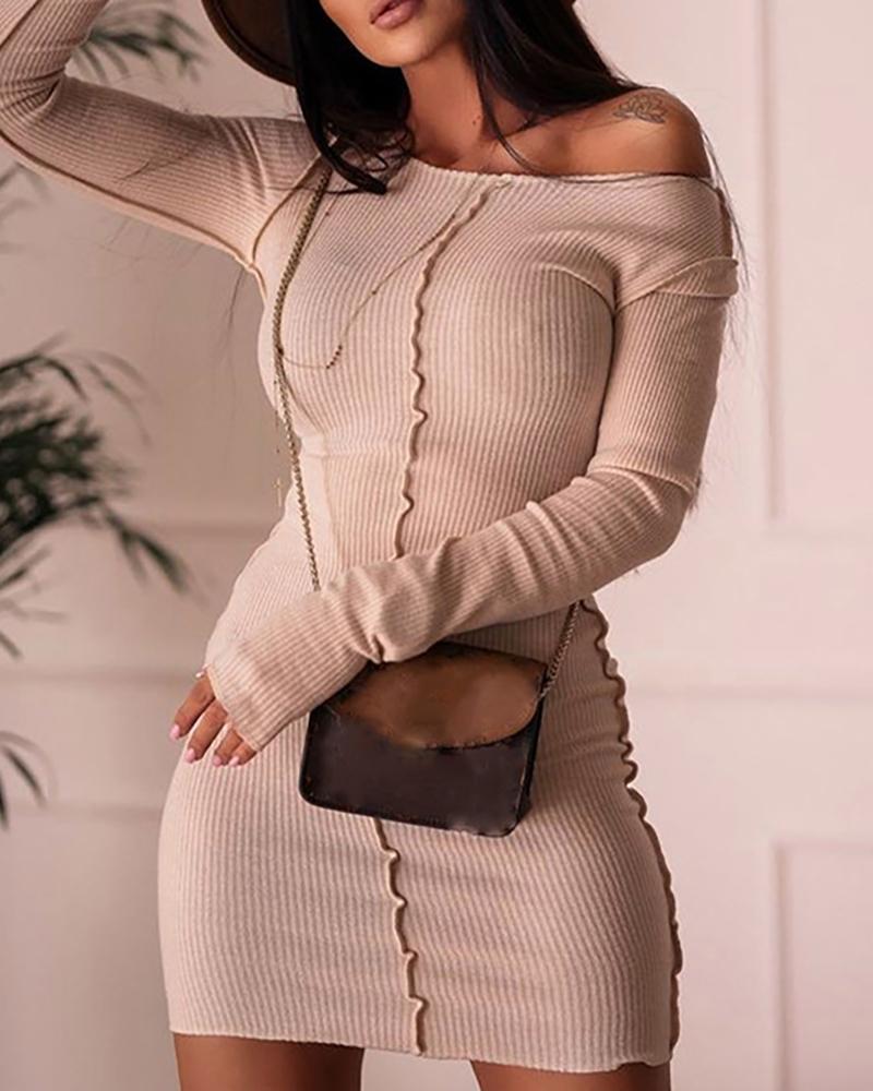 

Frill Hem Long Sleeve Knit Bodycon Dress, Khaki