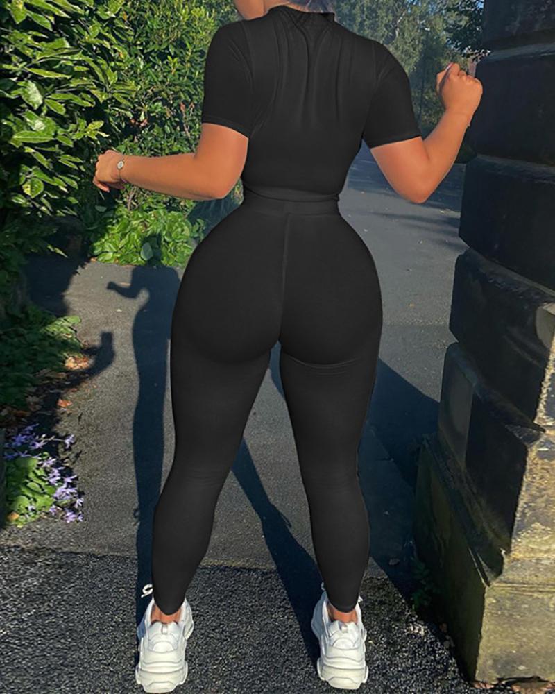 

Sporty Plain Short Sleeve Top & Skinny Pants Set, Black