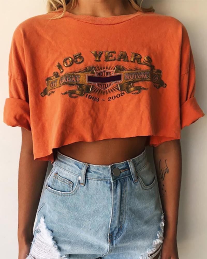 

Round Neck Print Casual T-shirt, Orange