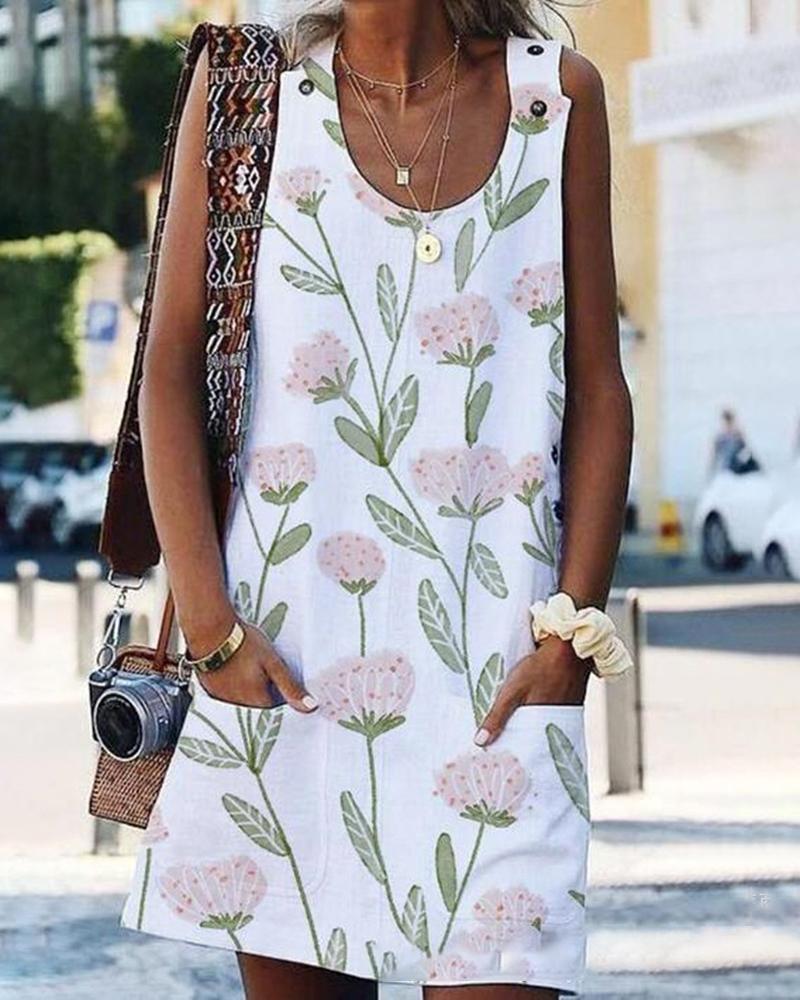 

Floral Print Pockets Sleeveless Dress, Green