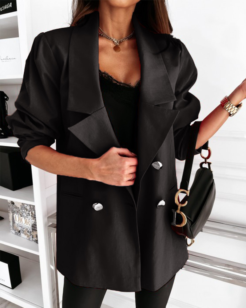 

Plain Double Breasted Long Sleeve Blazer Coat, Black