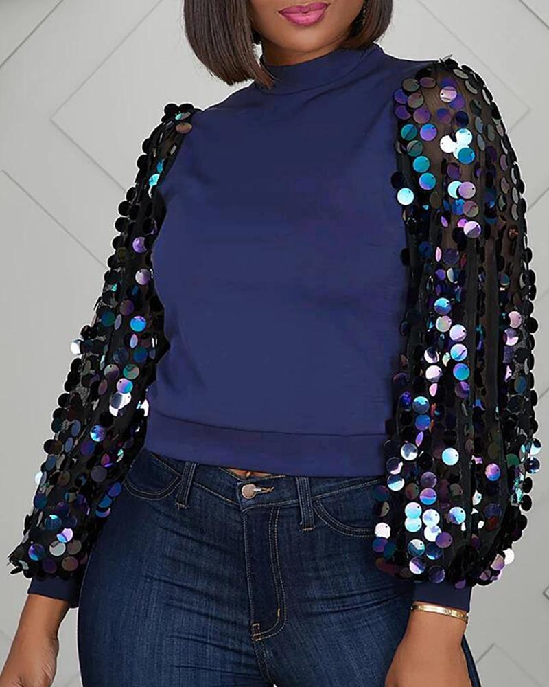 

Solid Patchwork Sequins Sleeve Blouse, Dark blue