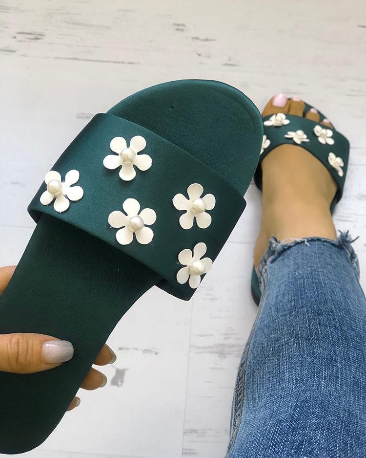 

Floral Embellished Single Strap Flat Sandals, Green