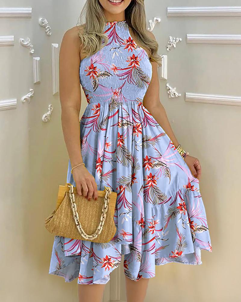

Floral Print Shirring Detail Ruched Dress, Blue
