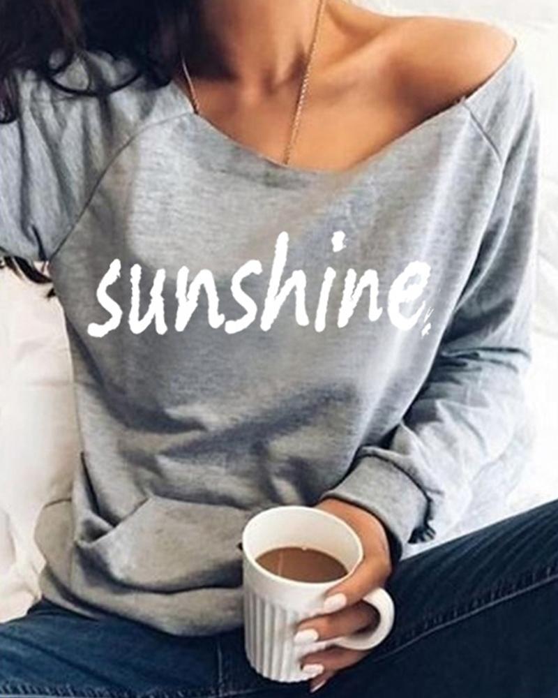 

Letter Print One-shoulder Long Sleeve Sweatshirt, Gray
