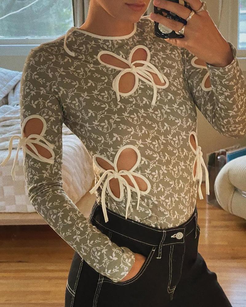 

Floral Print Hollow-out Butterfly Pattern Long Sleeve Top, Green