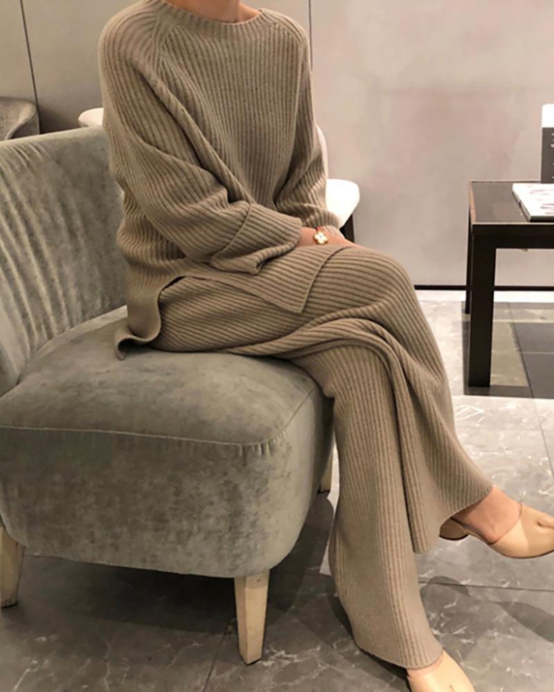 

Side Slit Long Sleeve Knit Top & Wide Leg Pants Set, Khaki