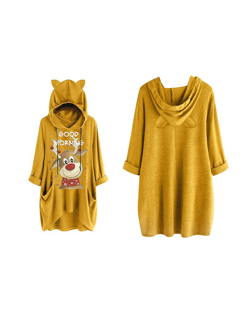 

Christmas Letter Moose Print Hooded Top, Yellow