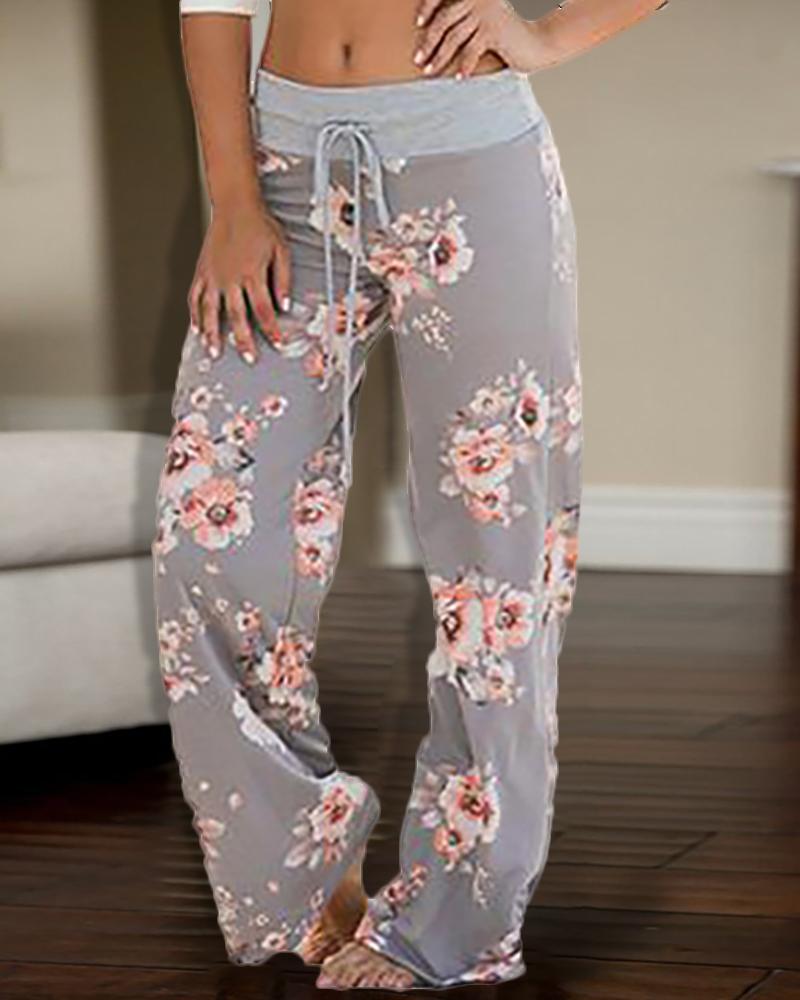 

High Waist Floral Print Casual Pants, Gray