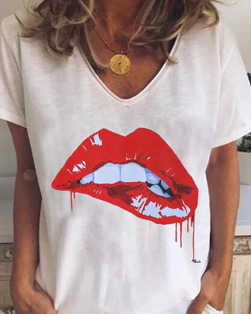 

Lip Print V-neck Short Sleeve Casual T-shirt, White