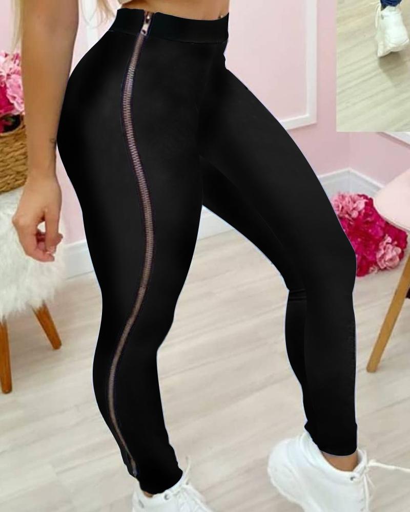 

High Waist Zipper Design Side Skinny Pants, Black