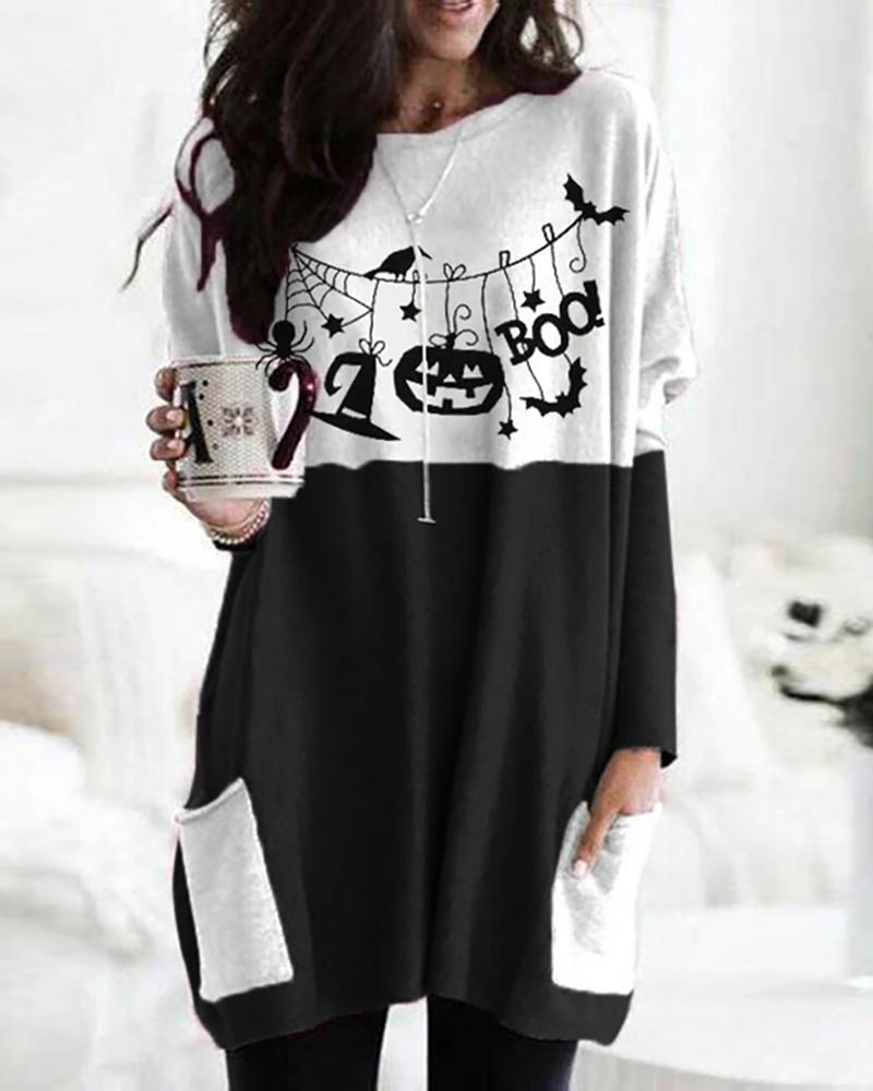 

Halloween Letter Pumpkin Print Colorblock Women Top, Black