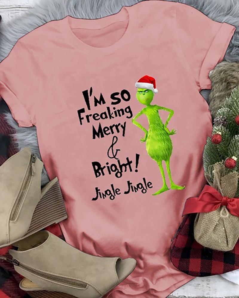 

Christmas Letter Cartoon Print T-shirt, Pink