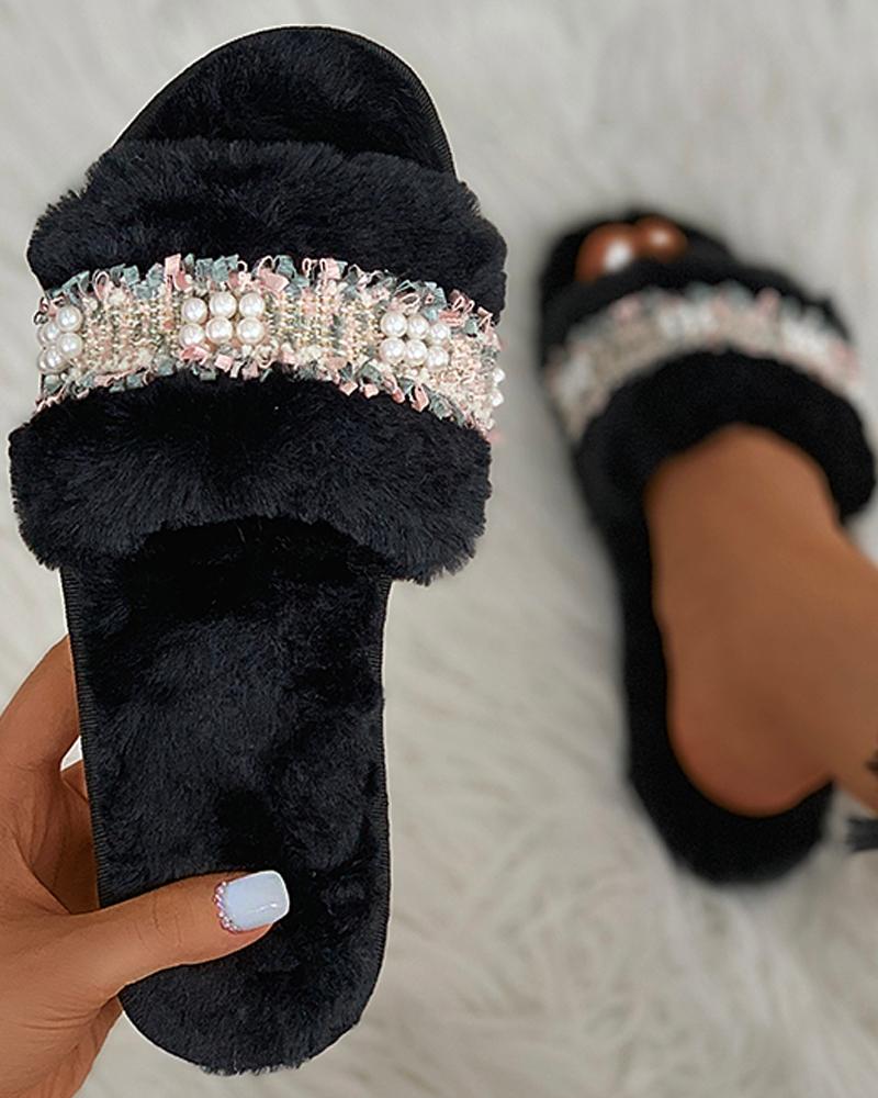 

Fringe Beaded Fluffy Slippers, Black