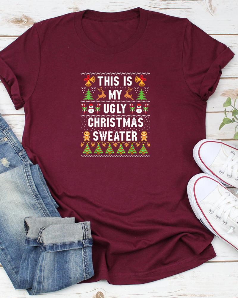 

Christmas Letter Print Short Sleeve Casual T-Shirt, Wine red
