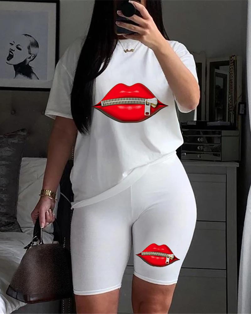 

Colorful Lip Print T-shirt & High Waist Shorts Set, Style3
