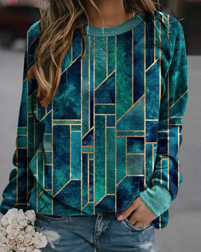 

Geometric Print Long Sleeve Sweatshirt, Blue