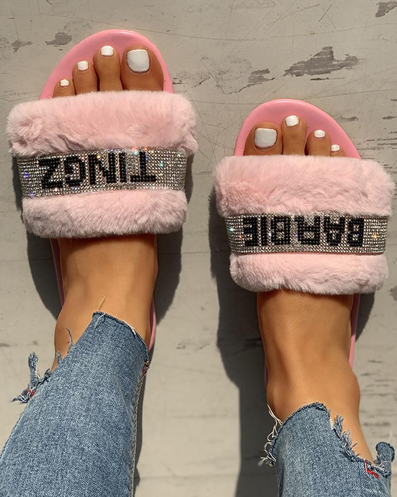 

Letter Print Fluffy Open Toe Slip-On, Pink